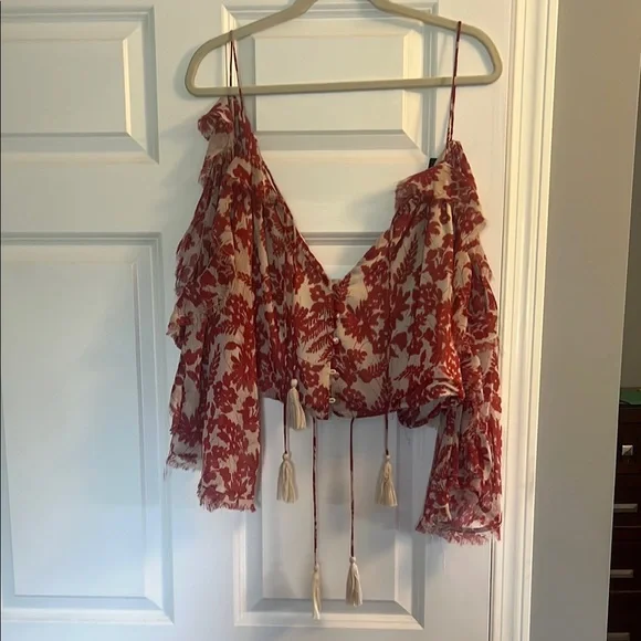 Vici Red and White Ruffled Tie Front Crop Top - Picture 3 of 4